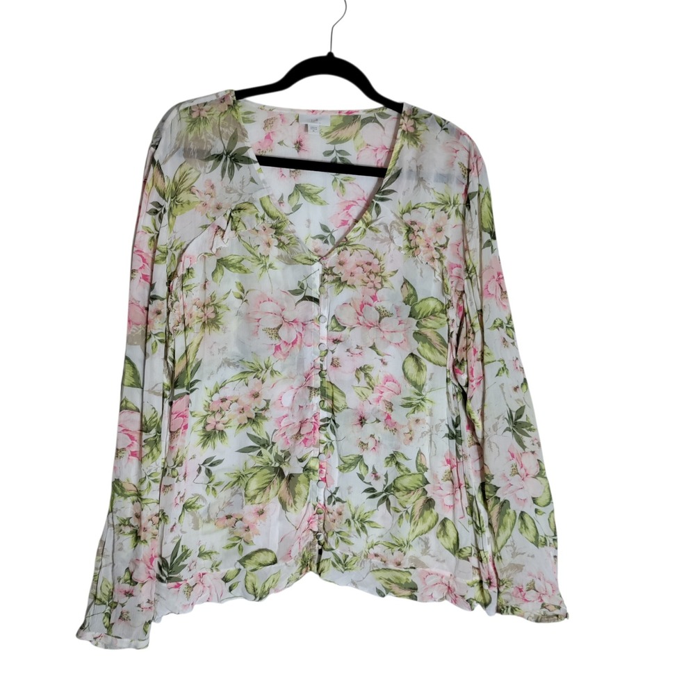 J. Jill Womens XL Floral Button Down Blouse Pink‎ Green Rayon Long Sleeve V-Neck